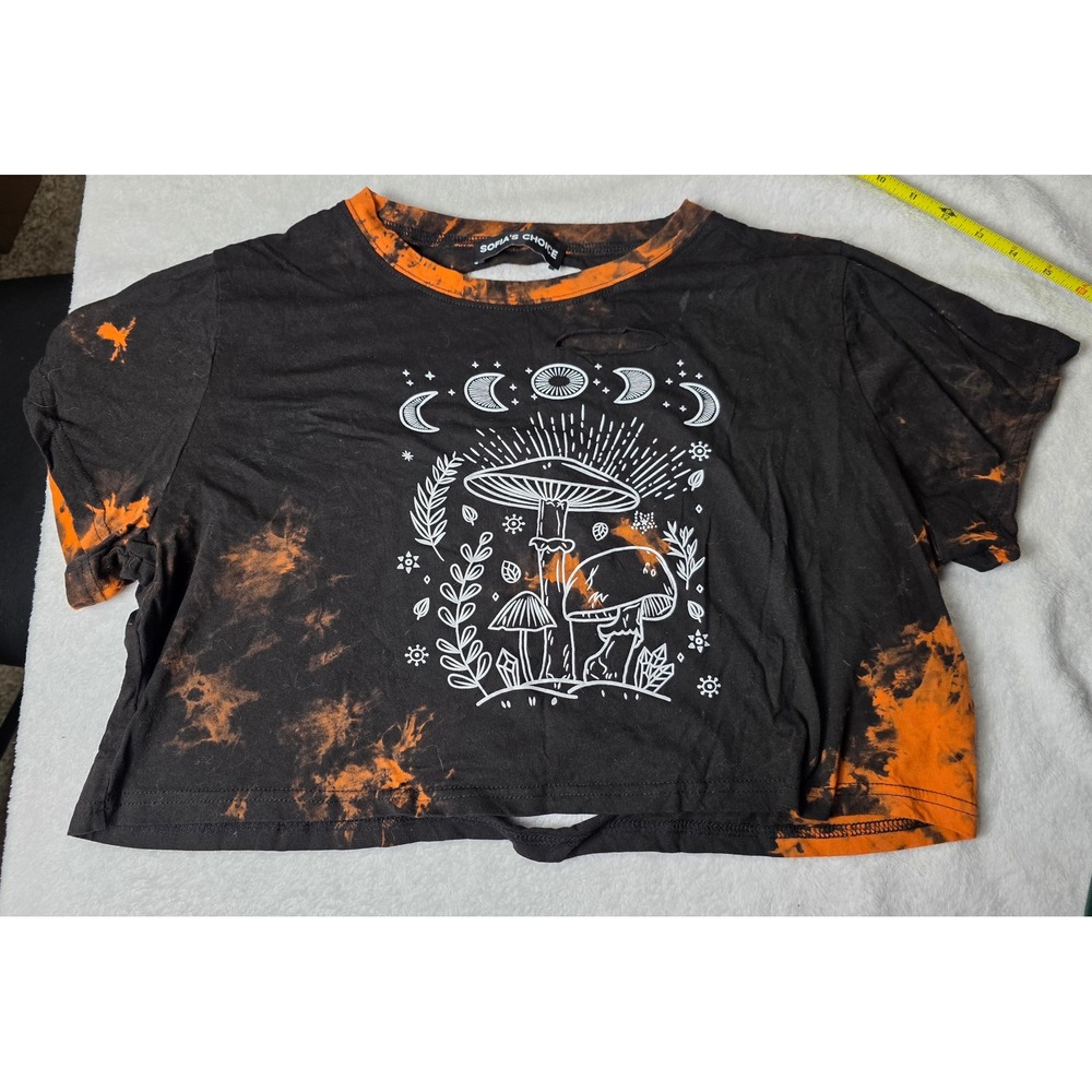 Sofia's Choice Womens L Mushroom Crop Top Black Orange Distressed Celestial Tee